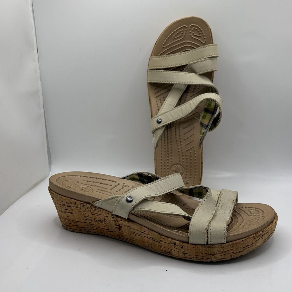Crocs A-Leigh Leather Strappy Cork Wedge Sandals Womens 7 Beach Summer Preppy